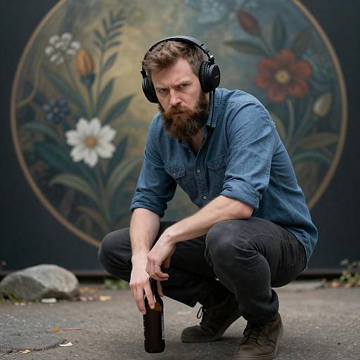 Man with Headphones Holding Bottle