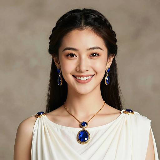 Smiling Woman in Grecian Style with Blue Gemstone Jewelry