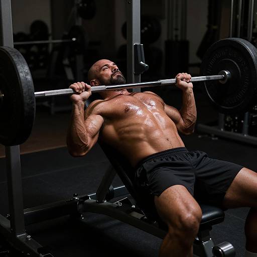 Photograph of a muscular, bald, bearded Black man with glistening, oiled skin, lifting a heavy barbell in a dimly lit