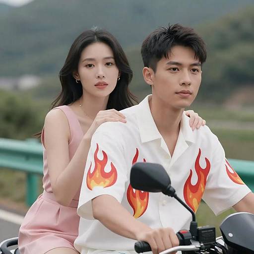Asian Couple Riding Motorcycle Outdoors