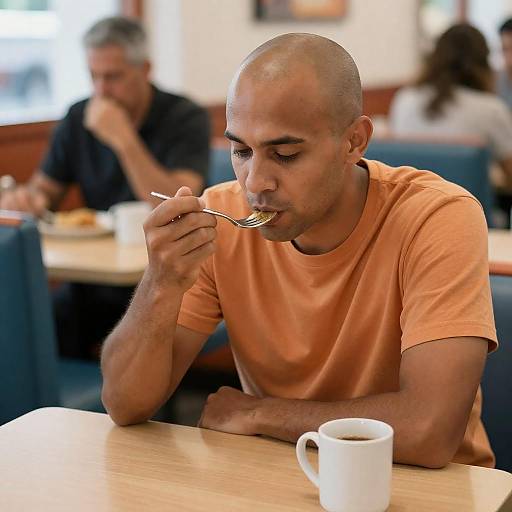 Bald Man Eating at Wooden Diner Table