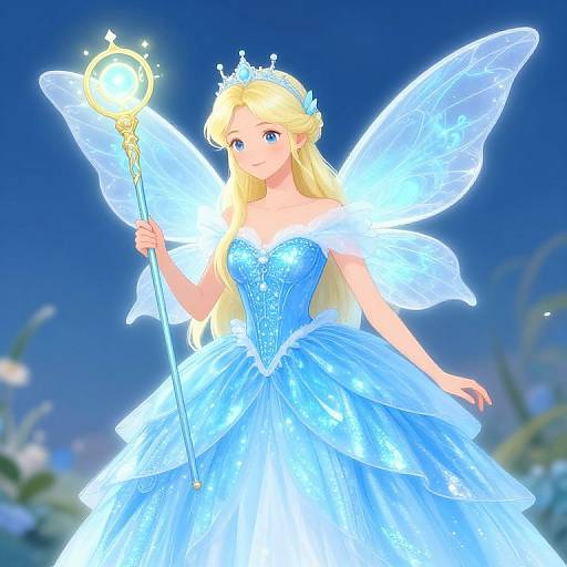 Digital anime-style fairy princess with long blonde hair, blue dress, transparent wings, and tiara, holding a glowing staff, against a blue sky background