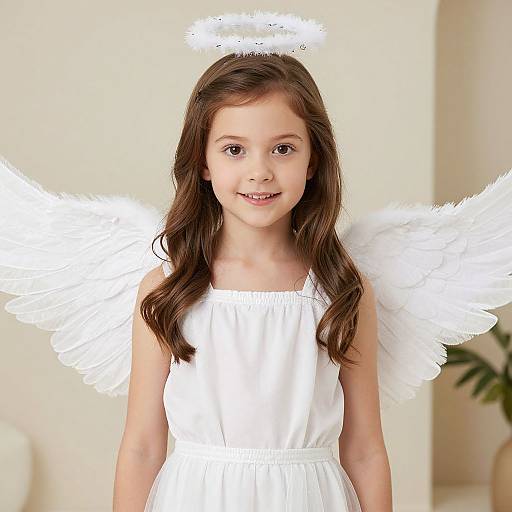 Photograph of a young girl with long brown hair, wearing a white angel dress, halo, and feathered wings, smiling in a bright room.