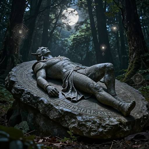 Photorealistic digital art: Muscular, armored, horned man with a toga lies on a circular stone with runes in a dark, mystical