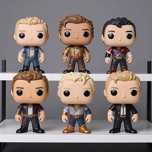 Photograph of six chibi-style Marvel action figures, standing in two rows, with distinct costumes and hairstyles, against a gray background.