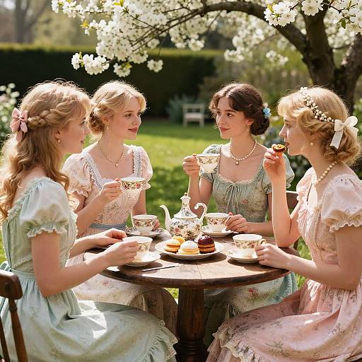 Photograph of four blonde women in vintage, floral dresses and pearls, sitting outside at a wooden table, enjoying tea and cake under a blooming cherry