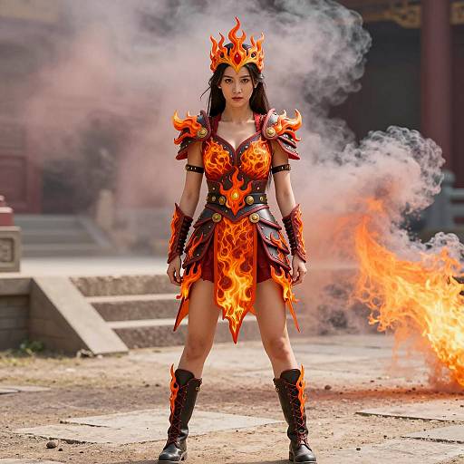 Vibrant Fire Warrior Cosplay in Ruins