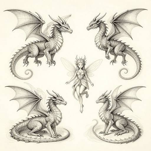 Black-and-white digital drawing of a central ethereal figure surrounded by four detailed, intricately scaled dragons in various poses.