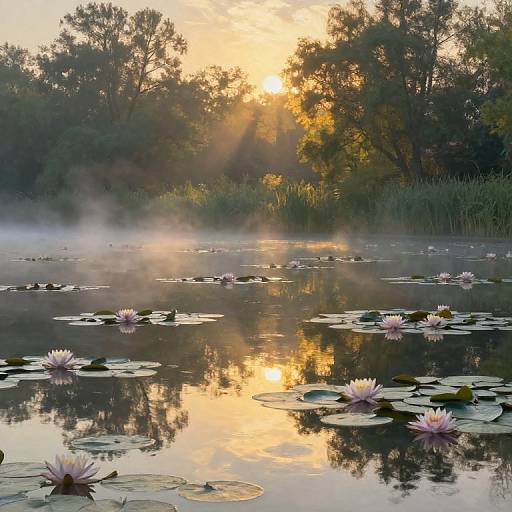 Photograph of a serene sunrise over a misty pond, with pink water lilies floating on reflective water, surrounded by dense trees.