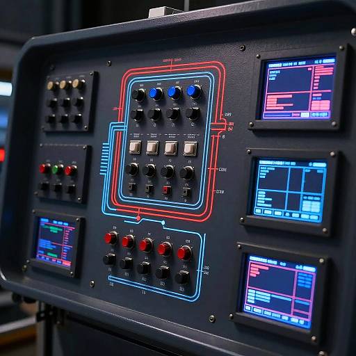 Photograph of a detailed, dark-colored control panel with illuminated buttons, red and blue outlined squares, and digital screens displaying data.