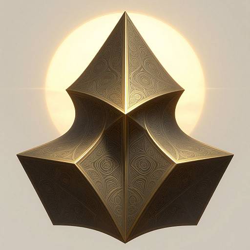 Golden, intricately patterned, three-dimensional star-shaped object with a glowing halo-like background, showcasing symmetrical design and ornate texture. Digital artwork