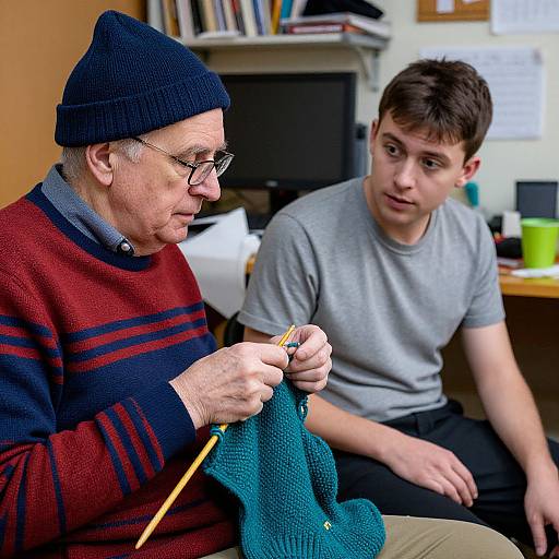 Elderly Man Teaching Knitting Art