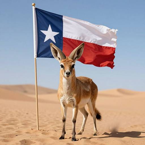 Photograph of a tan antelope standing in a desert, with a Texas flag waving behind it under a clear blue sky.