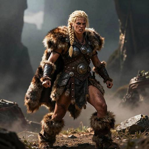 Photorealistic CGI of a fierce blonde warrior woman with braided hair, wearing fur and leather armor, standing in a misty, rocky forest.