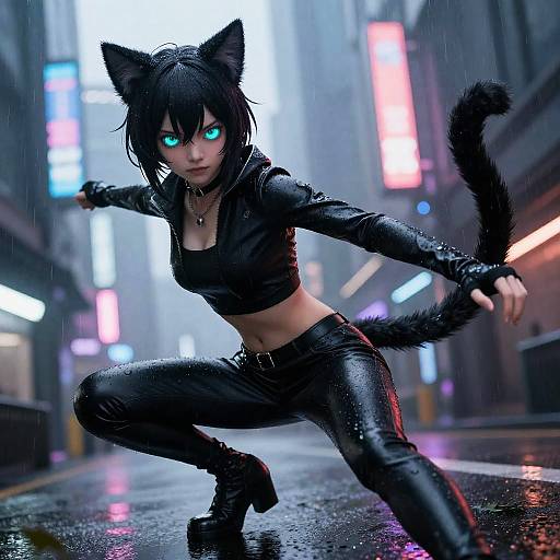 Digital art of a neon-lit, rainy city street featuring a cat-eared, blue-eyed anime girl in black leather outfit, crouching aggressively