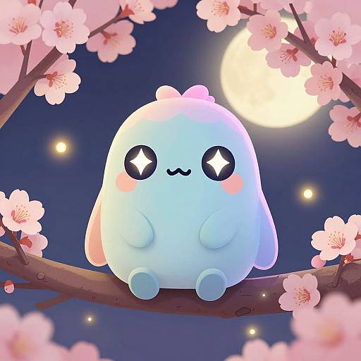 Whimsical digital illustration of a cute, blue, round, star-eyed creature with blush dots, sitting on a cherry blossom branch under a full moon