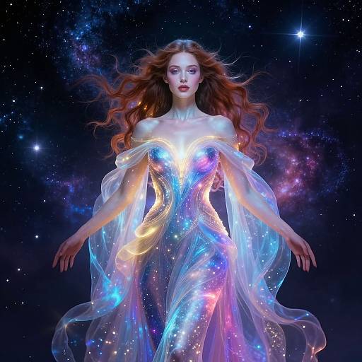 Digital art of a celestial, ethereal woman with flowing red hair, wearing a glowing, galaxy-patterned, transparent dress in a starry cosmos.