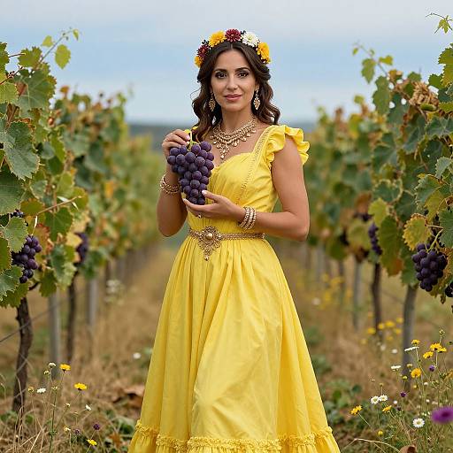 Woman in Yellow Gown in Vineyard