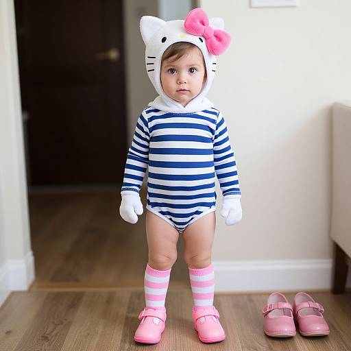 Photograph of a baby in a white Hello Kitty hood with pink bow, navy and white striped outfit, pink socks, and pink shoes, standing on