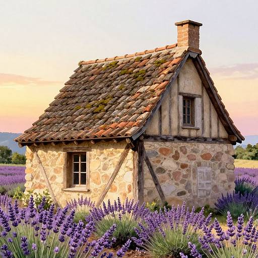 Digital painting of a quaint, stone cottage with a moss-covered, tiled roof, surrounded by vibrant purple lavender flowers under a pink and orange sunset sky.