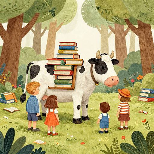 Whimsical Book Forest Family Scene
