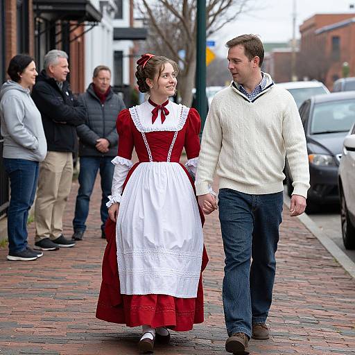Photograph of a young woman in a red and white Victorian-style maid dress holding hands with a man in a white sweater, walking on a brick sidewalk