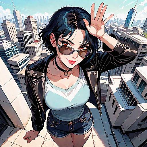 Stylish Anime Girl in City Skyline