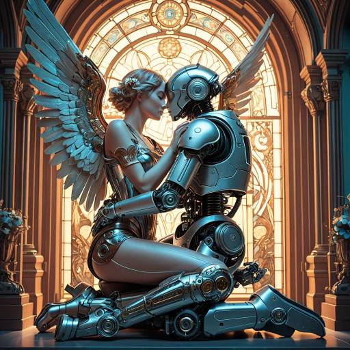 Angel Embracing Robot in Stained Glass Setting