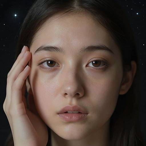 Close-up photograph of a young Asian woman with fair skin, dark straight hair, brown eyes, and a hand touching her cheek, set against a dark