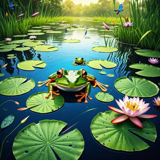 Frogs on Lily Pads in Serene Pond