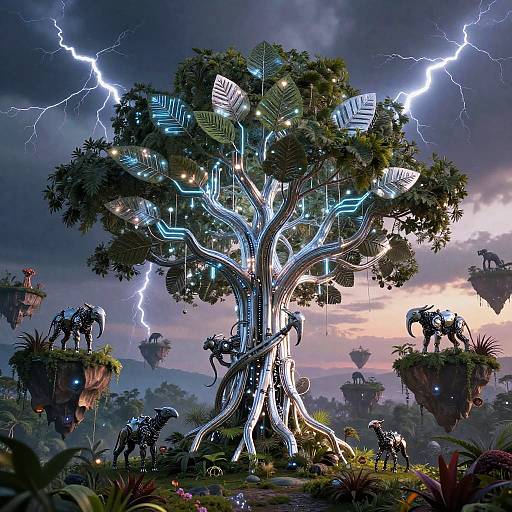 Cyborg Savanna with Neon Chrome Tree