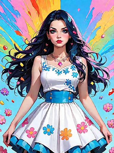 Stylish Woman in Floral Dress with Colorful Background