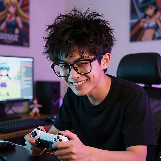 Nerdy Anime Gamer in Cluttered Room
