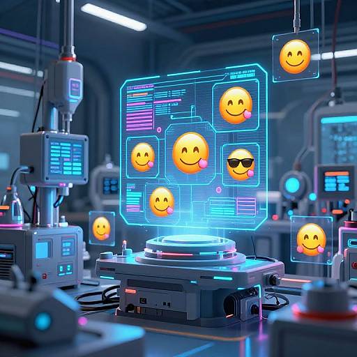 Digital CGI image of a futuristic lab with glowing neon blue screens displaying various smiley faces, including one with sunglasses. Sci-fi equipment surrounds the screens,