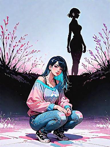 Anime Girl in Pastel Knit Top and Jeans at Night