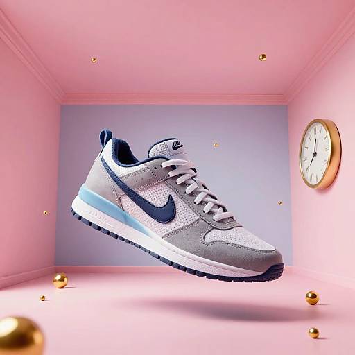 CGI image of a floating, white Nike sneaker with black accents in a pink room, featuring a clock and gold spheres.