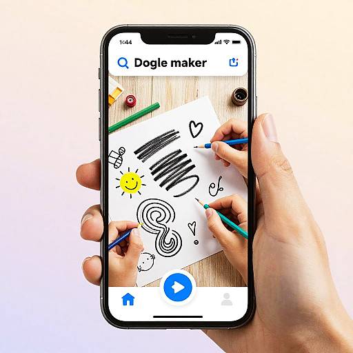 Photograph of a hand using a smartphone to draw doodles, including a sun, heart, and fingerprint, on the 