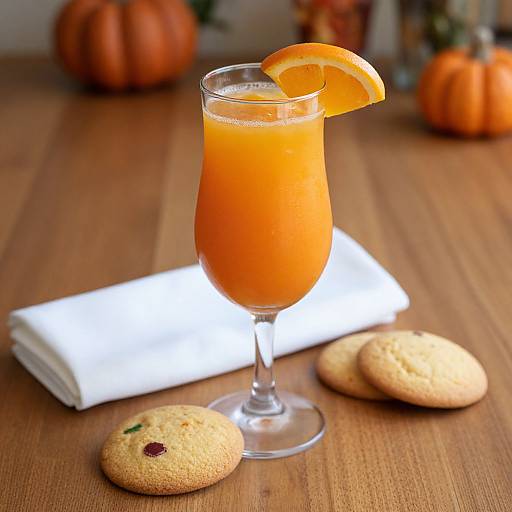 Photograph of an orange juice in a curved glass with a lemon slice, surrounded by pumpkin-shaped decorations, cookies, and a white napkin on a