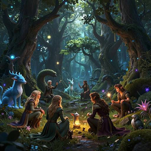 Fantasy forest gathering: Elves and mythical creatures gather around a campfire, surrounded by glowing fireflies, towering trees, and enchanted forest creatures. Digital
