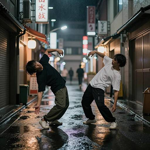 Street Dancers in Rainy Tokyo Alley at Night