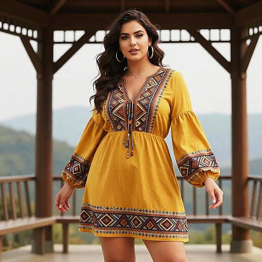 Photograph of a confident woman with long dark hair, wearing a yellow, embroidered dress with geometric patterns, standing under a wooden pavilion with mountainous