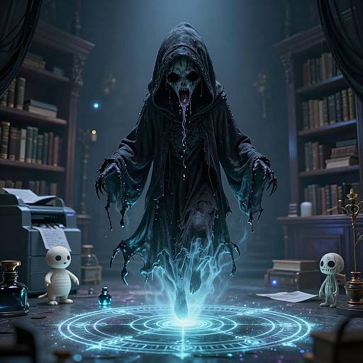 Dark, hooded figure with dripping mouth and clawed hands emerges from glowing blue magical circle in dim, book-filled library. Stuffed toys surround.