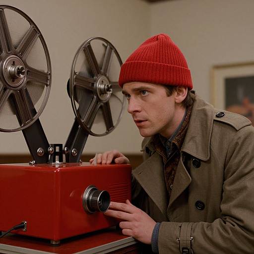 Photograph of a focused man in a red knit hat and brown coat operating vintage film editing equipment with two large spools.