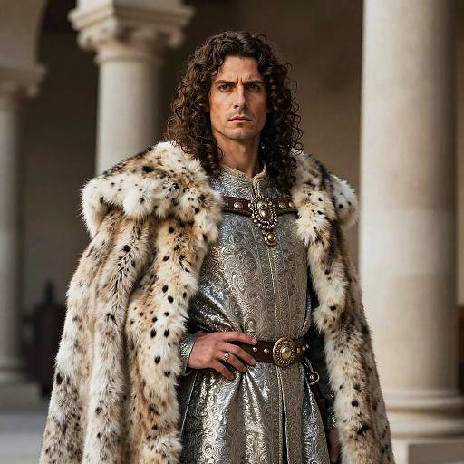 Photograph of a rugged, curly-haired man in a regal, silver armor shirt and a luxurious fur-lined cape, standing in a grand, column