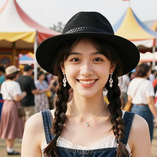Photograph of a smiling Asian woman with braided hair, wearing a black hat, denim dress, and earrings, at a vibrant outdoor market.