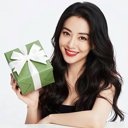 Photograph of a smiling Asian woman with long black hair, holding a green gift box with a white ribbon, against a white background.