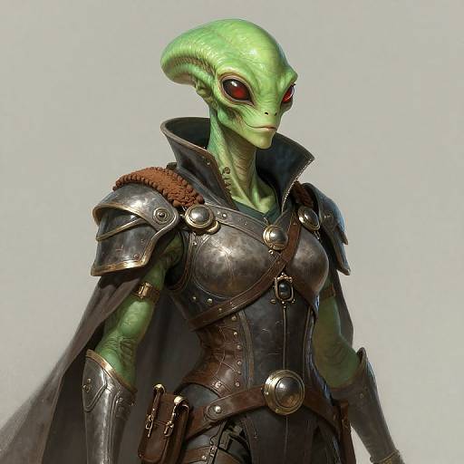 Digital CGI of a green-skinned alien woman with red eyes, wearing dark metallic armor with brown fur trim, standing against a plain light background.