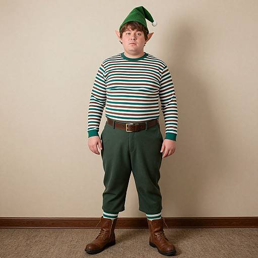 Photograph of a young man with pale skin, elf costume: green pointed hat, striped shirt, green pants, brown boots, standing against beige wall