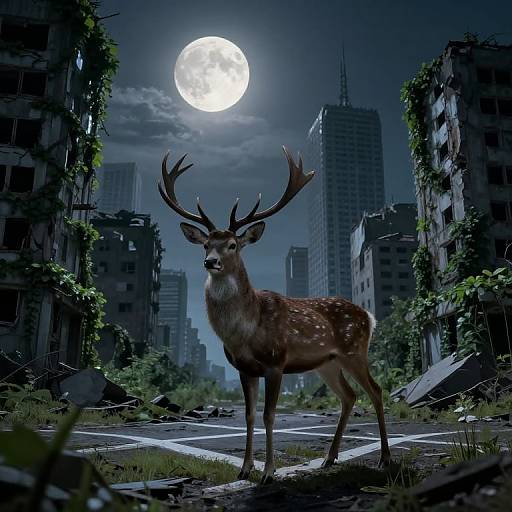 Photorealistic digital art of a majestic deer with large antlers standing in a ruined, moonlit urban street, surrounded by overgrown, abandoned buildings