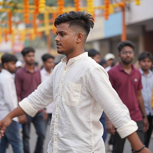 Photograph of a young Indian man with short, spiked black hair, wearing a white button-up shirt, dancing in a group outside with blurred orange decorations